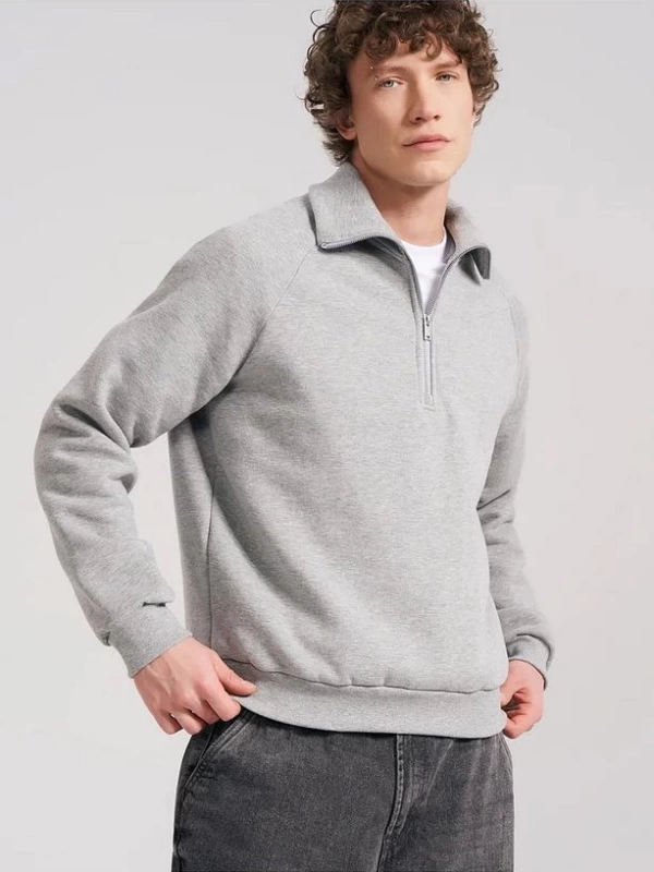 Unisex Relaxed Fit Yarım Fermuarlı Dik Yaka Sweatshirt  melanj Gri