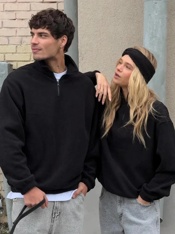Unisex Relaxed Fit Yarım Fermuarlı Dik Yaka Sweatshirt Siyah