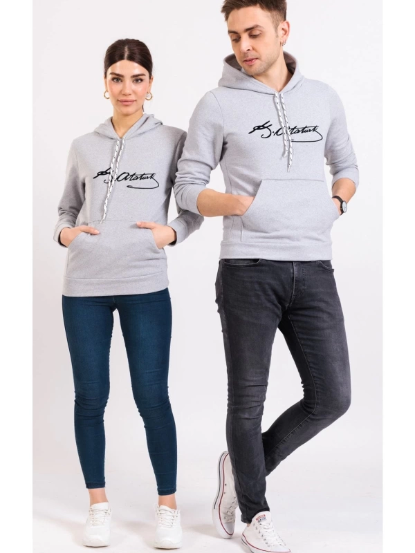 Unisex Renkli Kemal Atatürk Imzalı Kapüşonlu Sevgili Kombin Sweatshirt