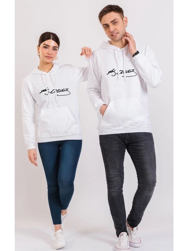Unisex Renkli Kemal Atatürk Imzalı Kapüşonlu Sevgili Kombin Sweatshirt