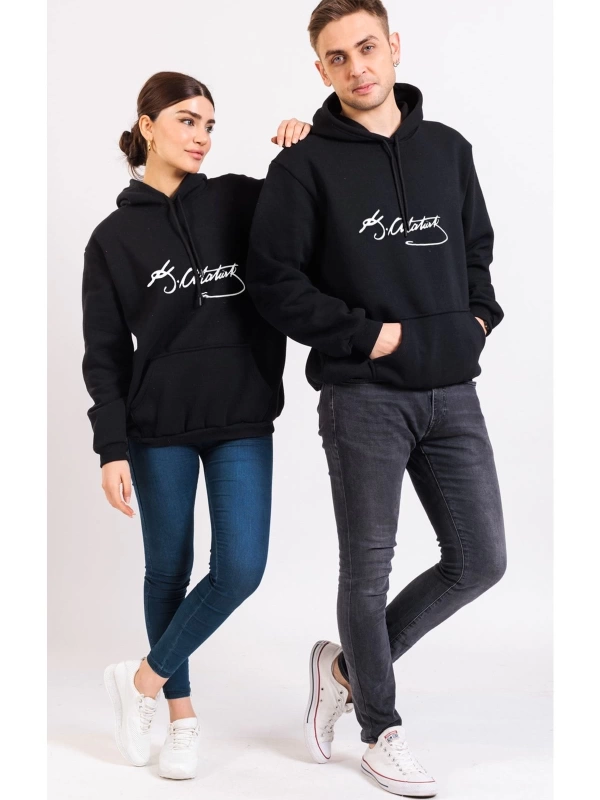 Unisex Renkli Kemal Atatürk Imzalı Kapüşonlu Sevgili Kombin Sweatshirt