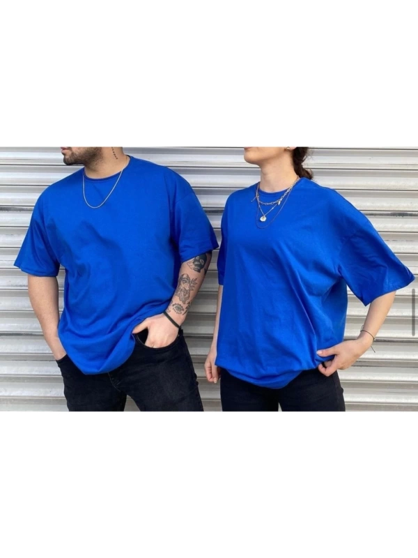Unisex Saks Mavi Bisiklet Yaka Sevgili Kombin 2 Li Paket Tshirt