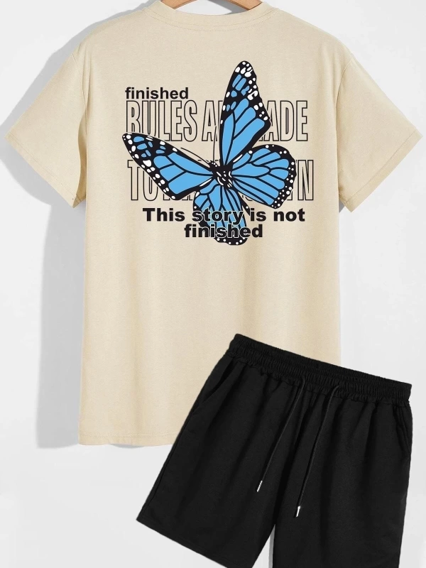Unisex Sırt Baskılı Şort T-shirt Eşofman Takımı TSH-KELEBEK-SHRT-DÜZ