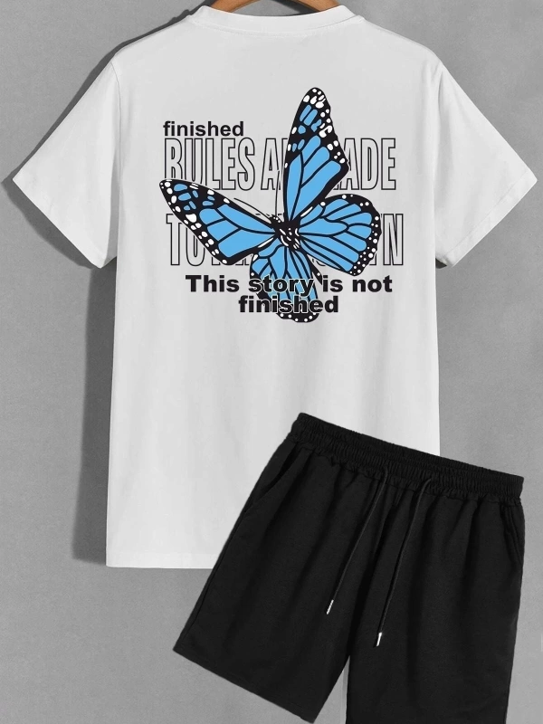 Unisex Sırt Baskılı Şort T-shirt Eşofman Takımı TSH-KELEBEK-SHRT-DÜZ