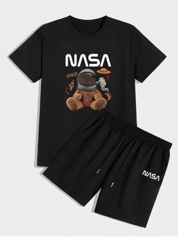 Unisex Siyah Alt-üst Tshirt Şort Kombini Nasa Ayıcık Baskılı Takım