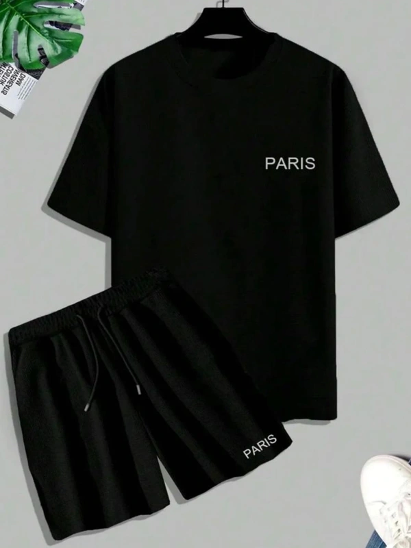 Unisex Siyah Alt-üst Tshirt Şort Kombini Paris Baskılı Takım