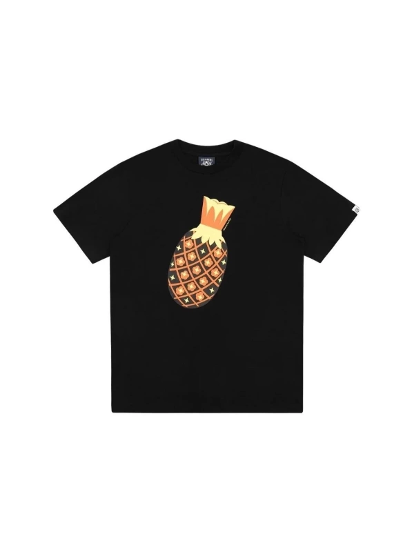 Unisex Siyah Ananas Baskılı Bisiklet Yaka Tshirt