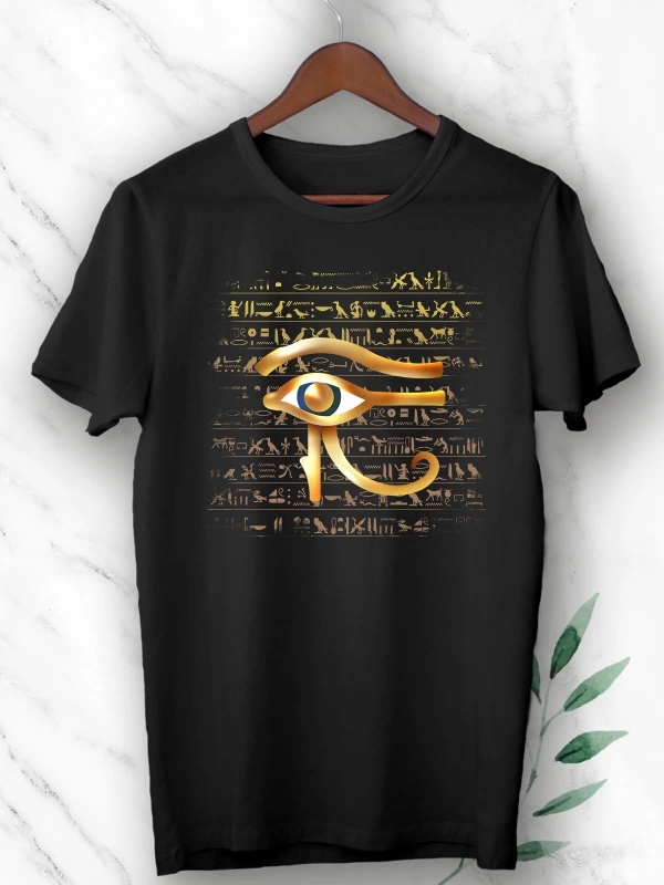 Unisex  Siyah Antik Mısır Horusun Gözü Baskılı Tişört