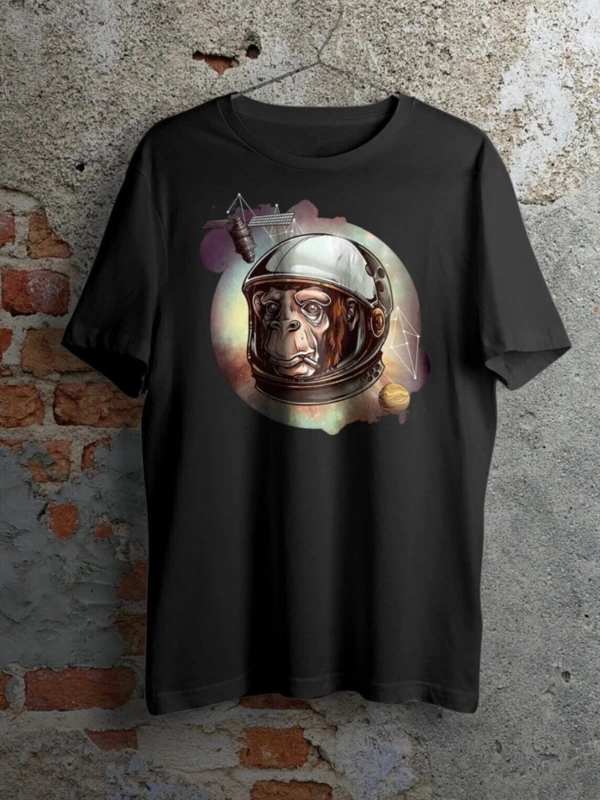 Unisex Siyah Astronot Maymun Baskılı Oversize Bisiklet Yaka Tişört