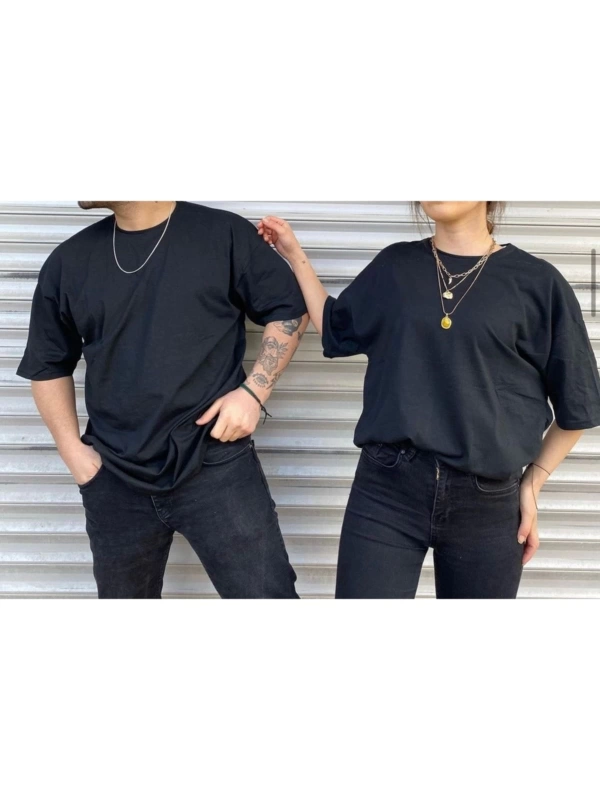 Unisex Siyah Bisiklet Yaka Sevgili Kombin 2 Li Paket Tshirt
