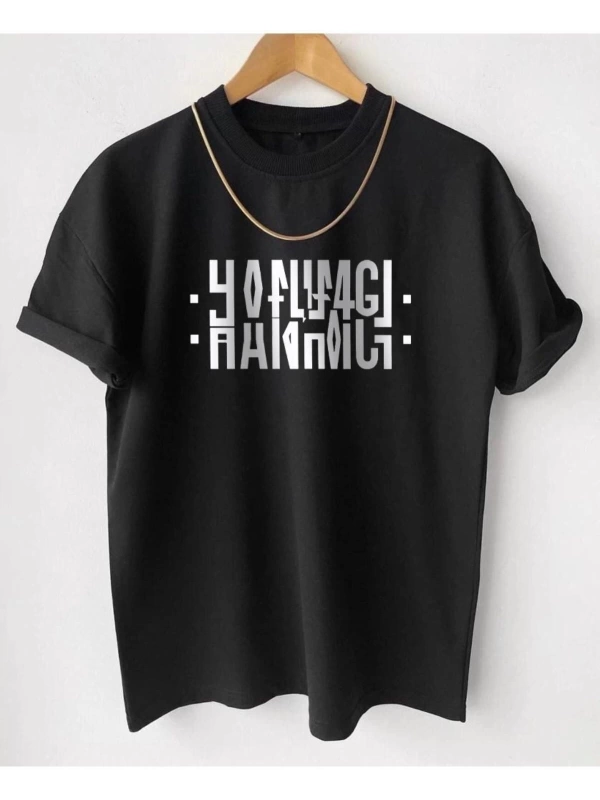 Unisex Siyah Hanımcı Baskılı Katlamalı Bisiklet Yaka Tişört