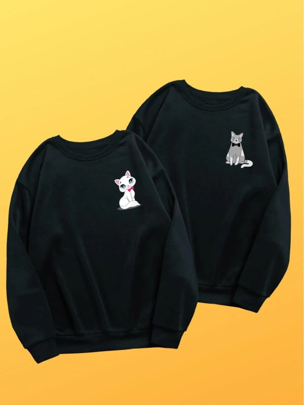 Unisex Siyah Kedicik Baskılı Sevgili Kombini 2li Set benisengiydirkediciksweat