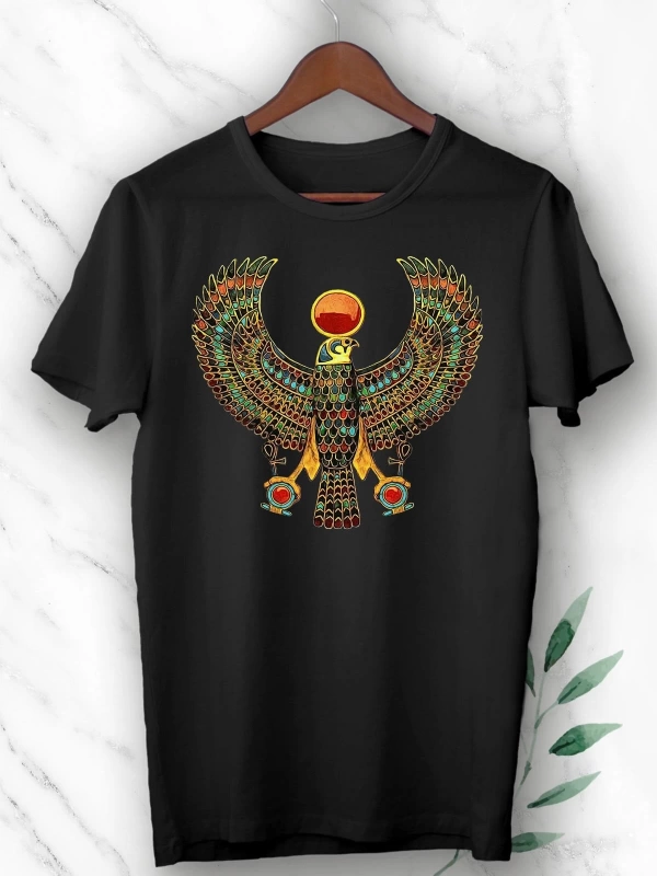 Unısex Siyah Mitoloji Antik Mısır Horus Kartal Baskılı Tshirt