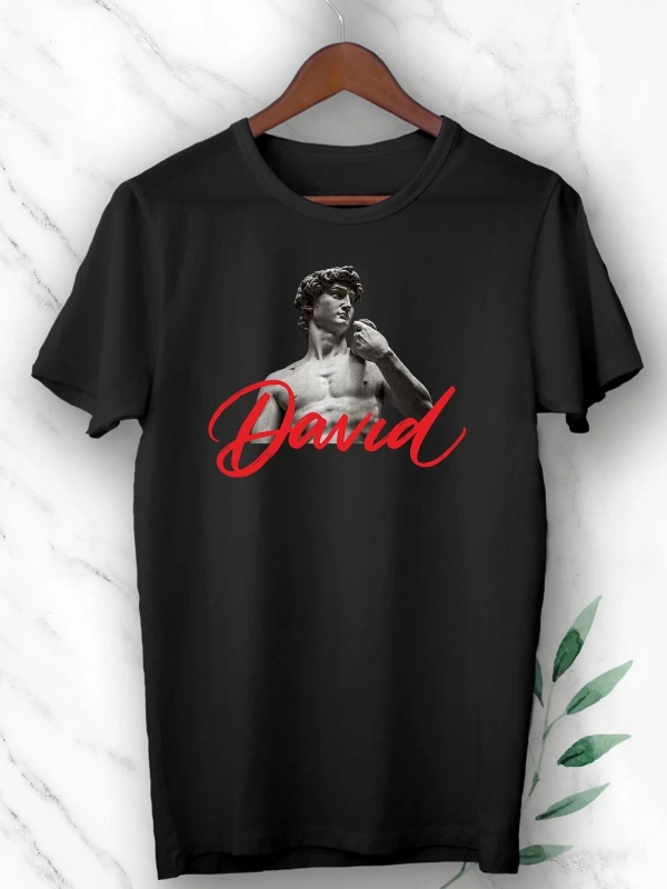 Unisex Siyah Mitoloji Davut Heykeli Baskılı Tişört
