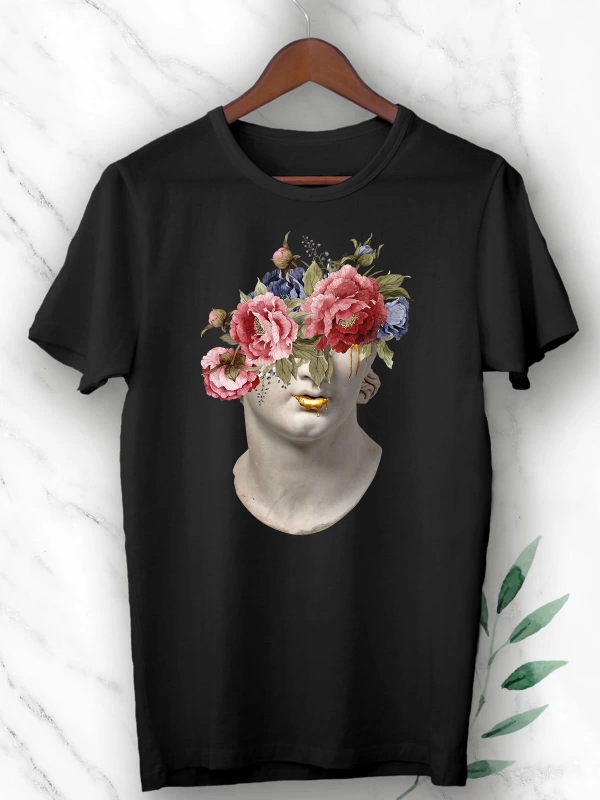 Unisex Siyah Mitoloji Heykel Baskılı T-Shirt