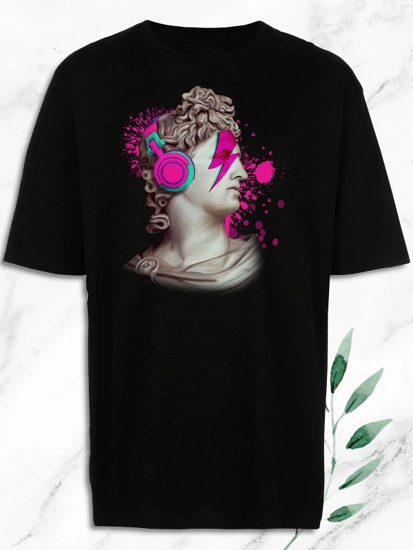 Unisex Siyah Oversize Mitoloji Heykel Baskılı T-Shirt