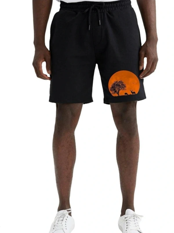 Unisex Siyah Panda Baskılı Cepli Penye Şort