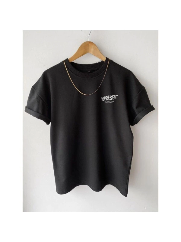 Unisex Siyah Represent Baskılı Oversize Bisiklet Yaka T-shirt