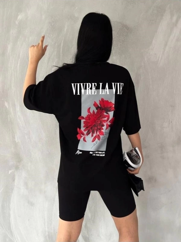 Unisex Siyah Vivre La Vie Baskılı Oversize Bisiklet Yaka Penye Tişört