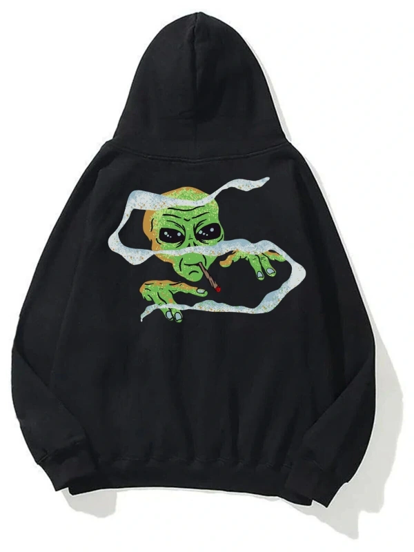 Unisex Smoking Alien Sweatshirt Hoodie Siyah