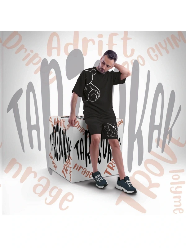 Unisex Şort Takım Bear Letter Graphic Drawstring Waist