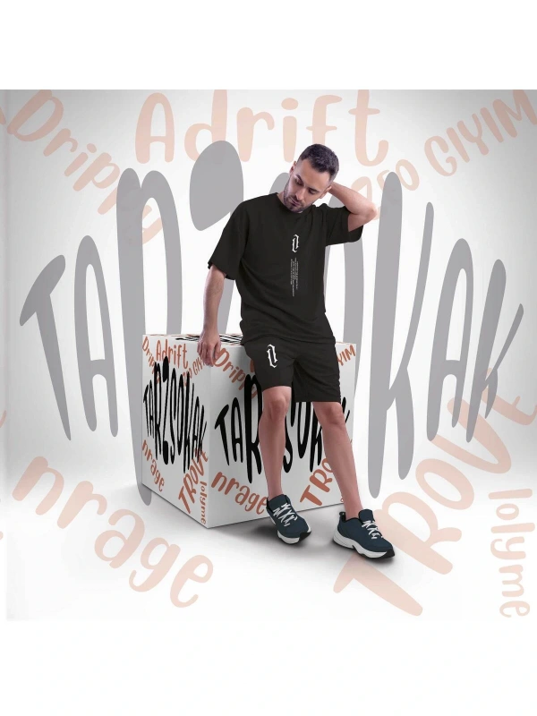 Unisex Şort Takım Dikey Letter Graphic Drawstring Waist