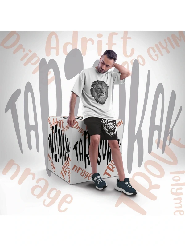 Unisex Şort Takım Leo King Letter Graphic Drawstring Waist