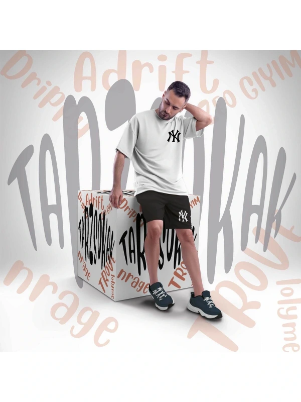 Unisex Şort Takım Ny Ci?ty Letter Graphic Drawstring Waist