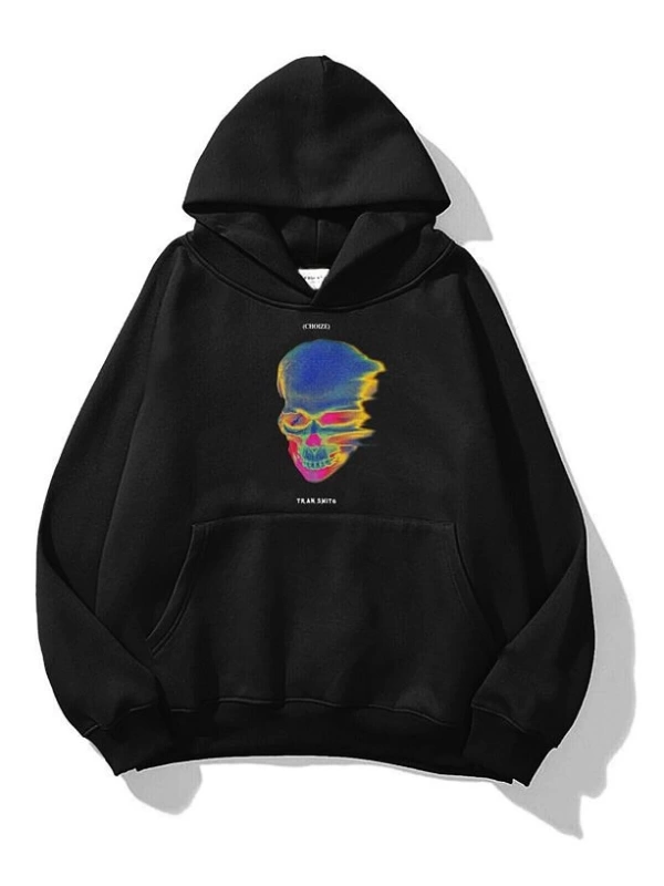 Unisex Thermal Skull Sweatshirt Hoodie Siyah