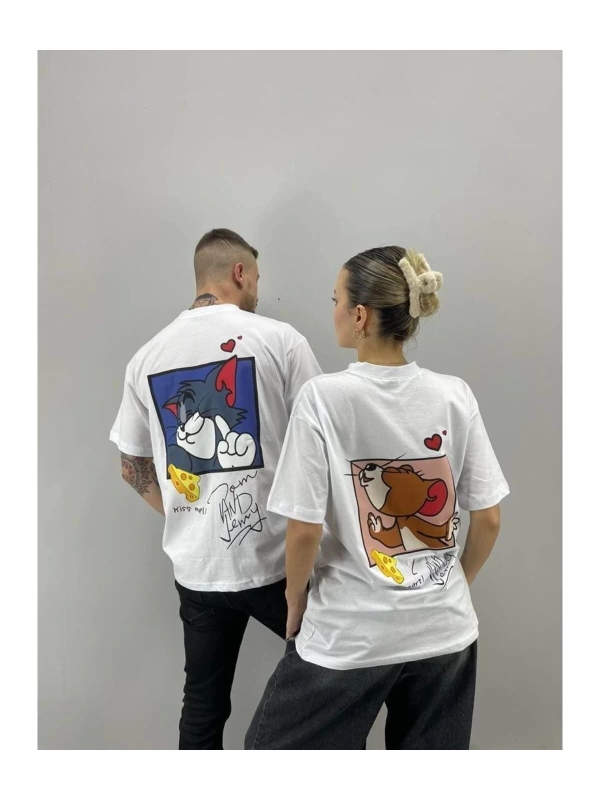 Unisex Tshirt Beyaz Tom Ve Jerry Baskılı Sevgili Çift Kombini 2 li Set
