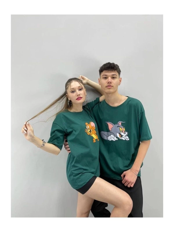 Unisex Tshirt Yeşil Tom Ve Jerry Baskılı Sevgili Çift Kombini 2 li Set