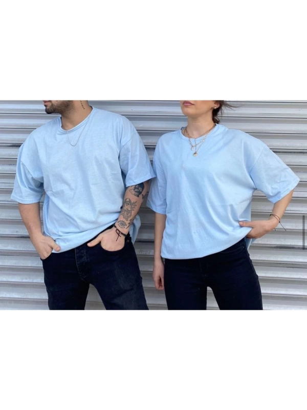Unisex Turkuaz Bisiklet Yaka Sevgili Kombin 2 Li Paket Tshirt