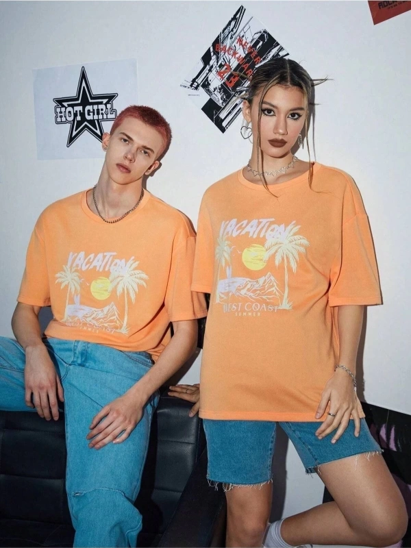 Unisex Turuncu Vacatıon Baskılı 2li Set Sevgili Çift Kombini