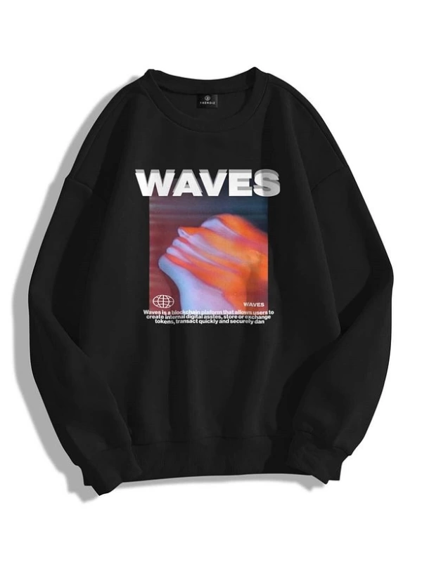 Unisex Waves Bisiklet Yaka Sweatshirt Siyah