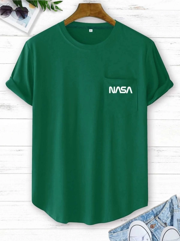 Unisex Yeşil Cepli Nasa Baskılı Oversize Bisiklet Yaka Tişört