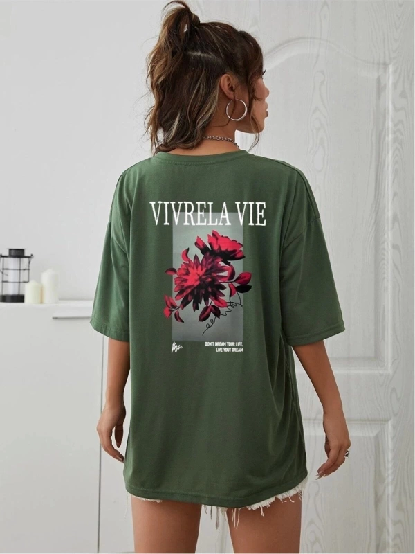 Unisex Yeşil Vivre La Vie Baskılı Oversize Bisiklet Yaka Penye Tişört