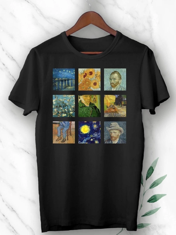 Unixes Siyah Art Van Gogh Portre Kolaj Baskılı T-shırt