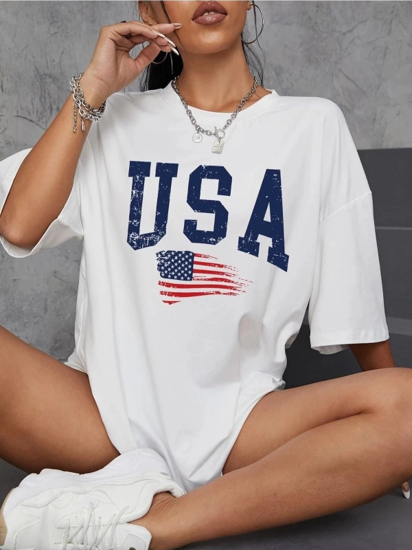 Usa Flag Baskılı Beyaz Oversize Tişört