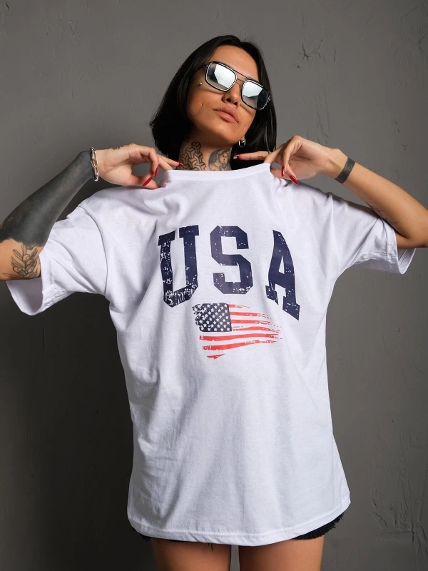 Usa Flag Baskılı Beyaz Oversize Tişört