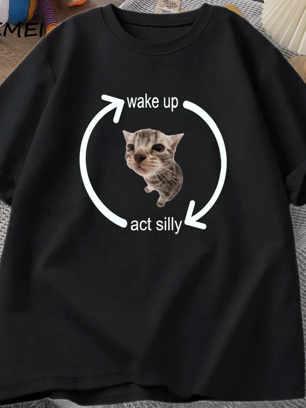 Uyandırma hareket aptal kedi T Shirt erkek kadın rahat erkek tişört adam giysileri pamuk kısa 2989