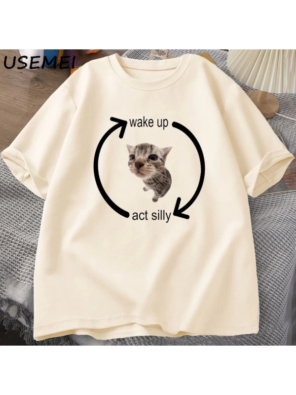 Uyandırma hareket aptal kedi T Shirt erkek kadın rahat erkek tişört adam giysileri pamuk kısa