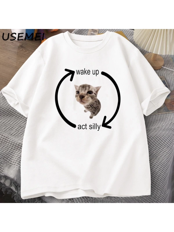 Uyandırma hareket aptal kedi T Shirt erkek kadın rahat erkek tişört adam giysileri pamuk kısa