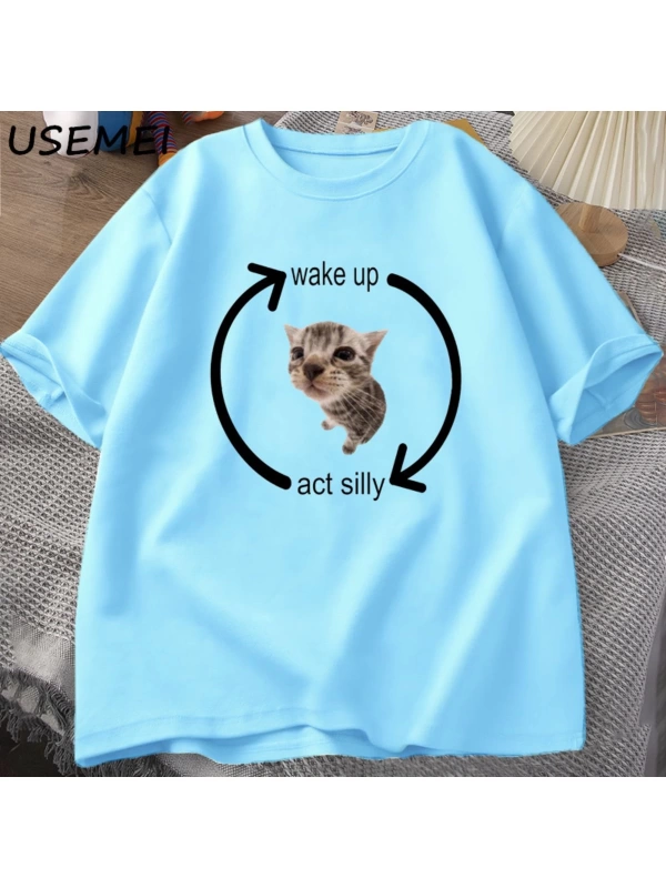 Uyandırma hareket aptal kedi T Shirt erkek kadın rahat erkek tişört adam giysileri pamuk kısa