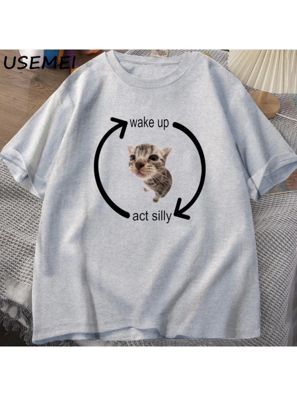 Uyandırma hareket aptal kedi T Shirt erkek kadın rahat erkek tişört adam giysileri pamuk kısa
