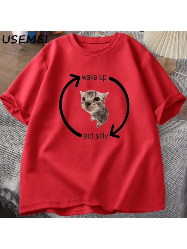 Uyandırma hareket aptal kedi T Shirt erkek kadın rahat erkek tişört adam giysileri pamuk kısa