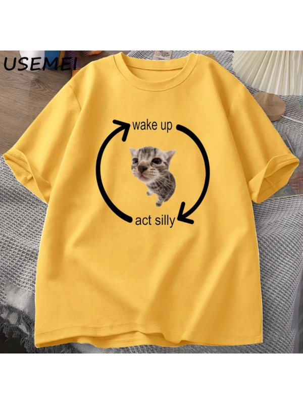 Uyandırma hareket kedi T Shirt erkek kadın rahat pamuk kısa kol