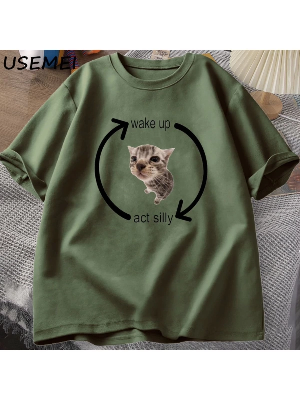 Uyandırma hareket kedi T Shirt erkek kadın tişört