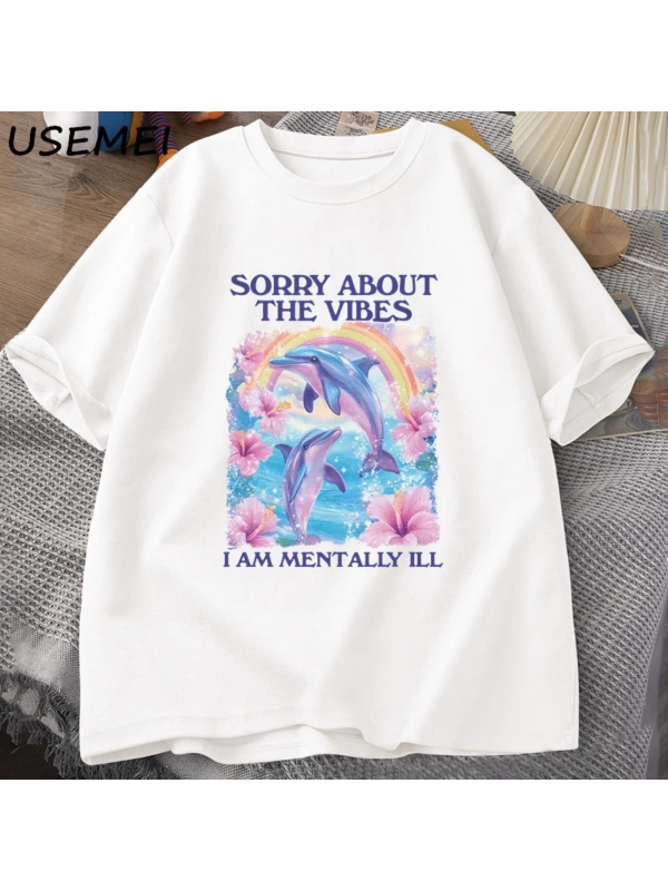 Üzgünüm Vibes hakkında Unisex T Shirt Aptal Garip T-shirt Komik Zihinsel Tshirt Pamuk Kısa Ko