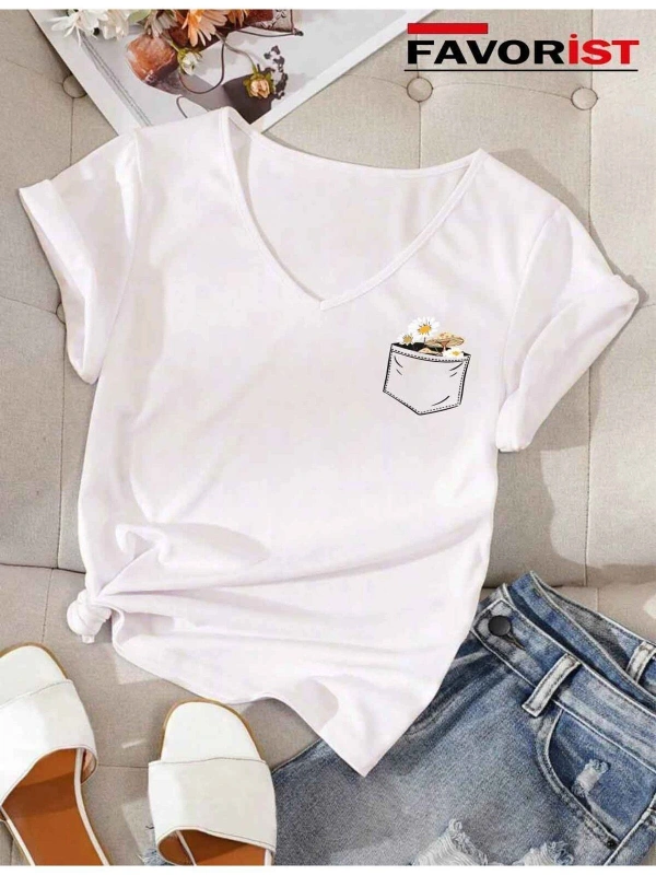 V Yaka Basic Çiçek Baskılı Pamuklu Tshirt (normal