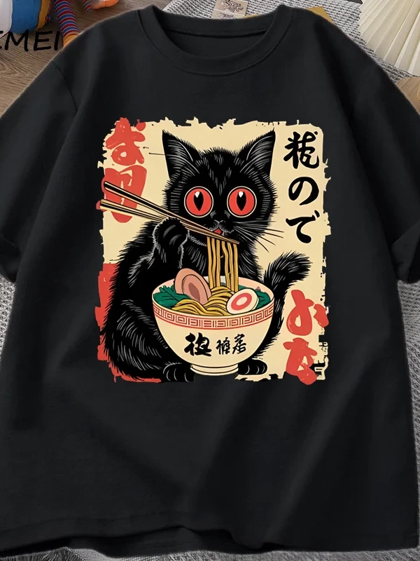 Vintage Japon Siyah Kedi Ramen T Shirt Sevimli Grafik Tee Komik Kedi Yeme Ramen T-Shirt Baskı 2828